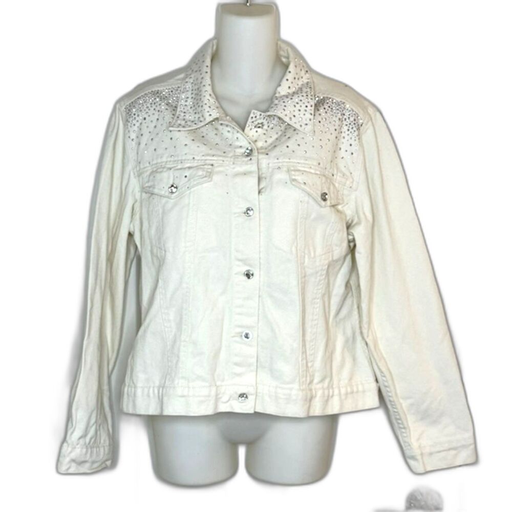 VTG CHRISTINE ALEXANDER OFF WHITE & CRYSTALS TRUCKER STYLE DENIM JACKET MEDIUM